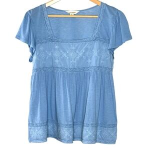 Lucky‎ Brand Womens Boho Embroidered Square neck Top Size Small Blue